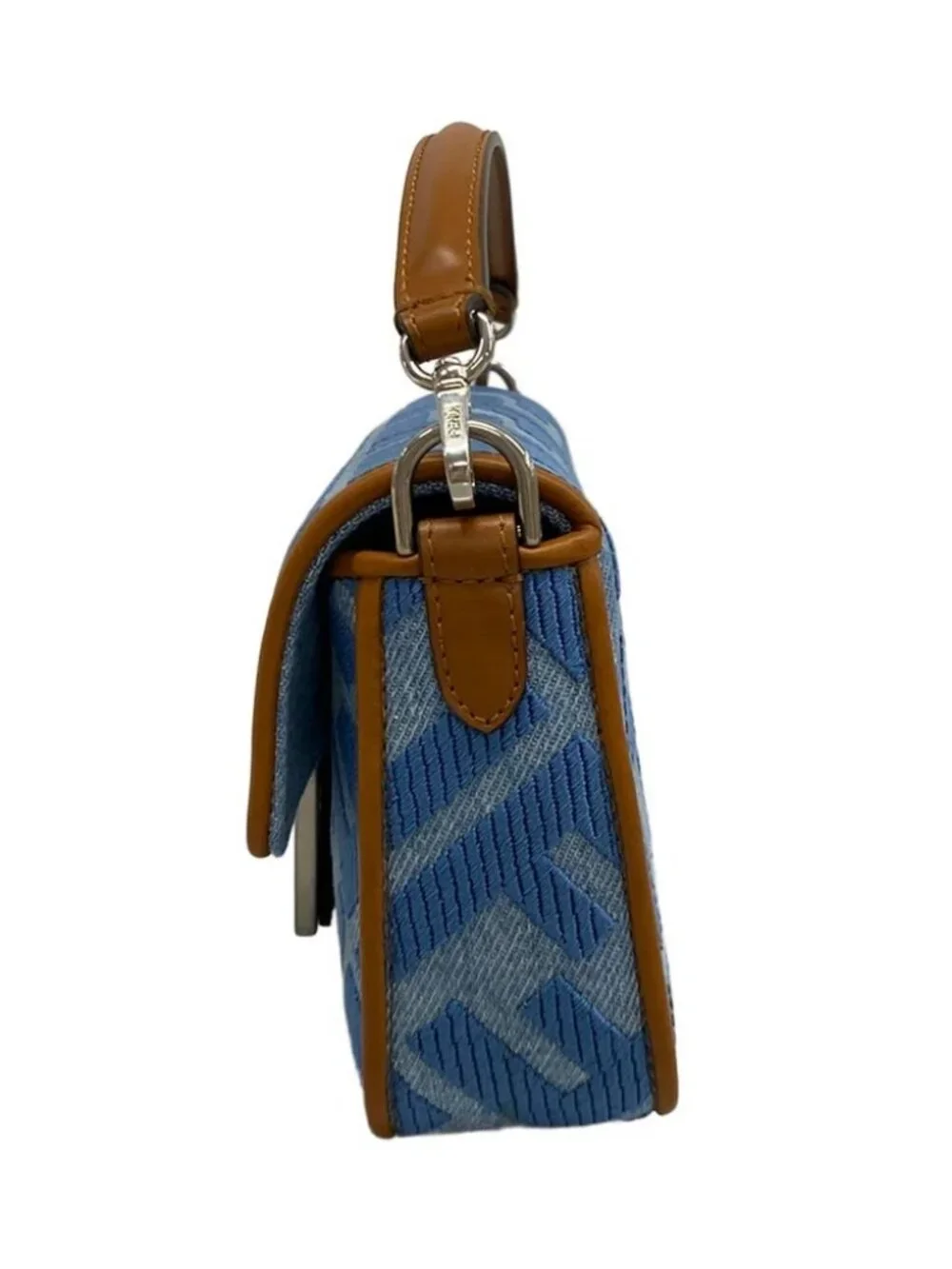 FENDI Baguette Mini 8BS017-AP4N Light Blue Brown Jacquard Leather Handbag